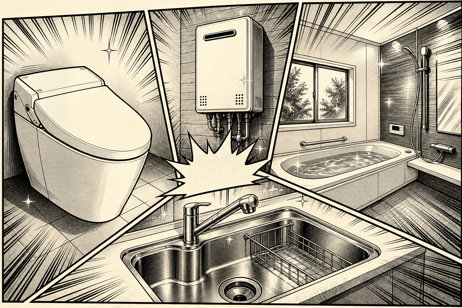 水回りの住宅設備を描いたマンガイラスト