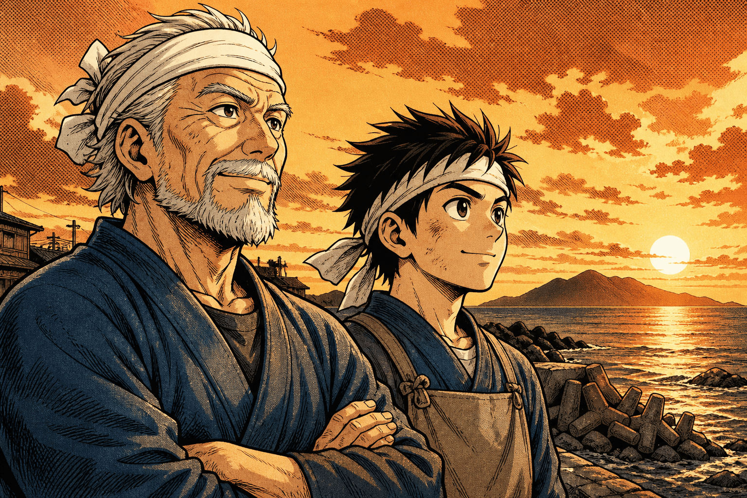 ベテラン職人と若手が並ぶマンガイラスト