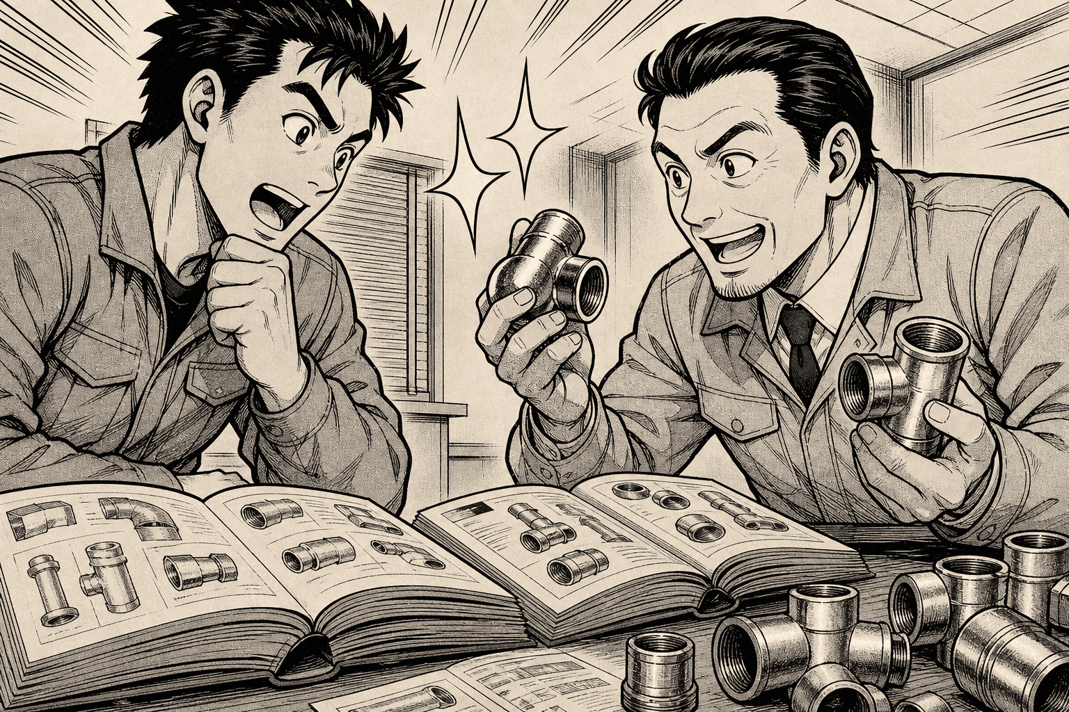 カタログを囲んで熱く打ち合わせするマンガイラスト